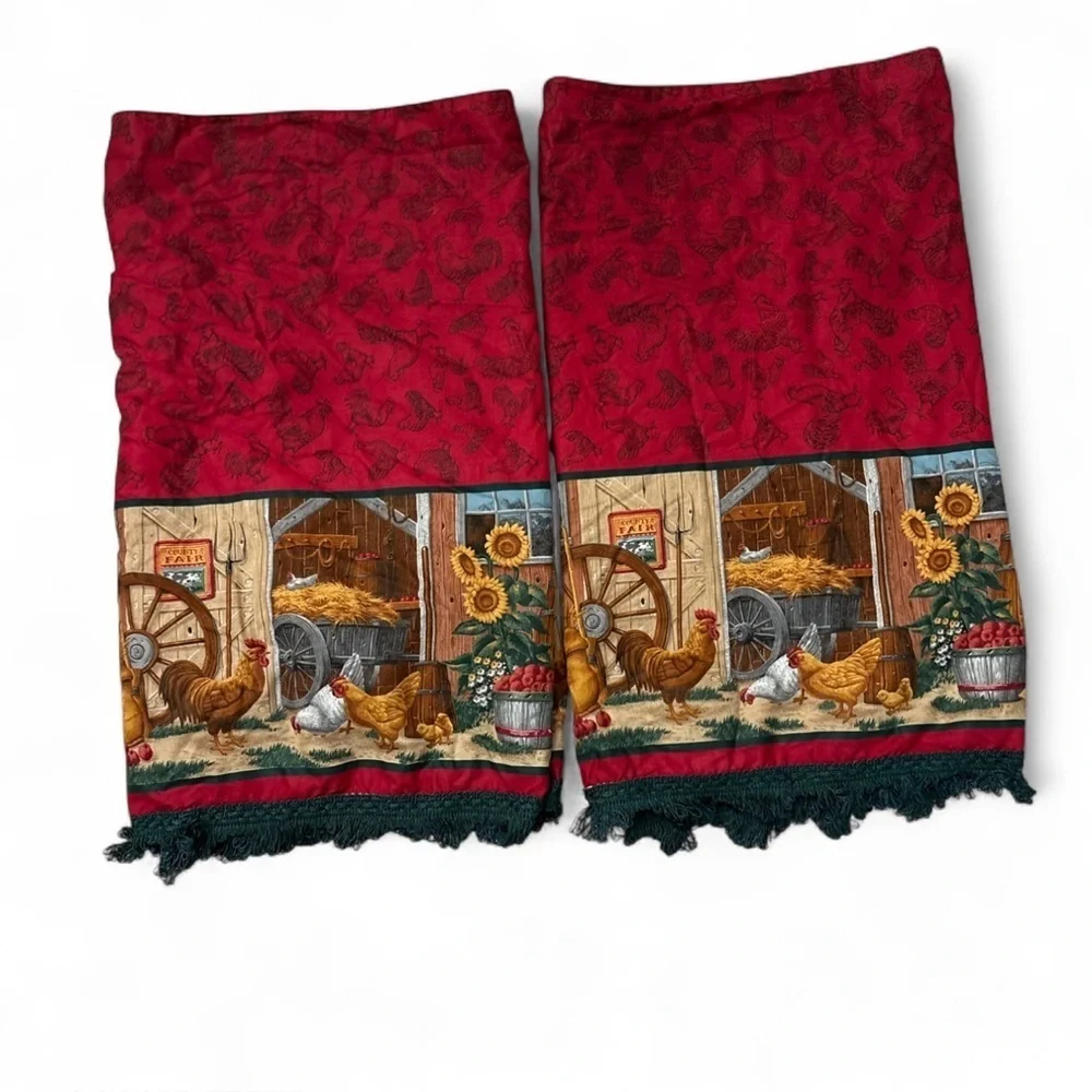Vintage Farmhouse Kitchen Curtains Rooster & Hen Barnyard Scene 52x21” Pair